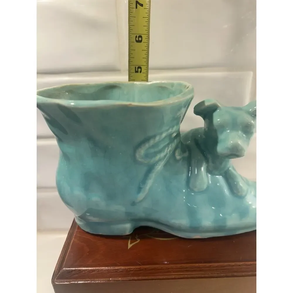 Vintage USA‎ Pottery Blue Ceramic Shoe With Dog Planter With Bow